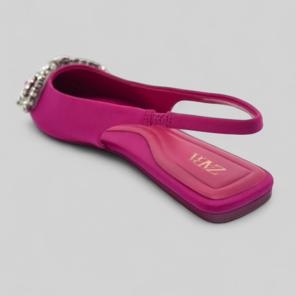 Zara Pink Satin Slingback Flats Crystal Bow Pointed Toe Size 9 NWOT - Picture 4 of 13